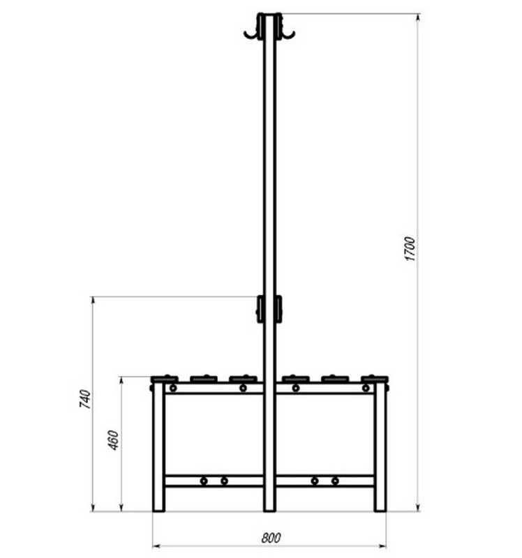 Скамейка с вешалкой для раздевалок двухсторонняя, 200 см Spektr Sport разборная 748_800