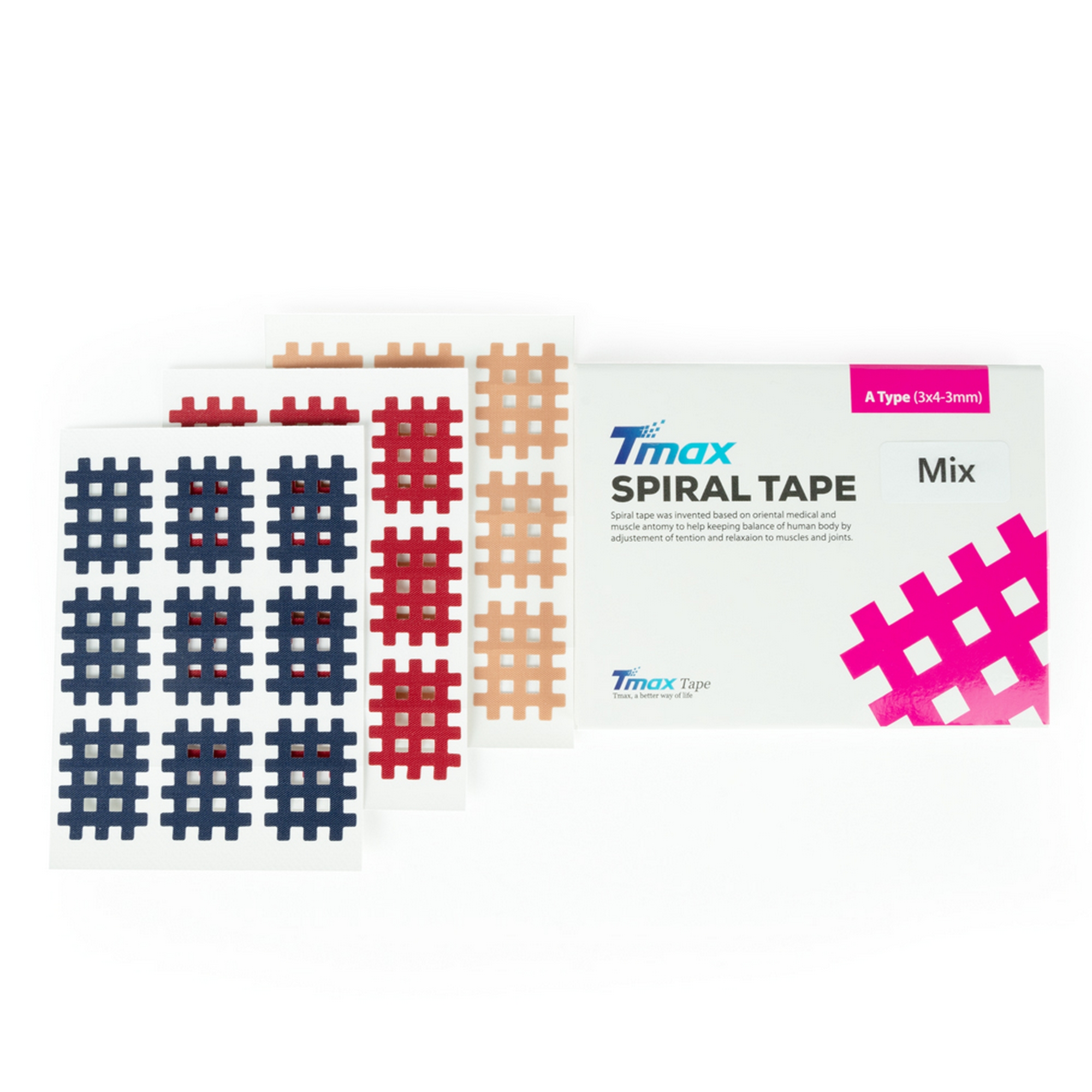 Кросс-тейп Tmax Spiral Tape Type Mix A 423731 3 цвета: синий, красный, телесный (20 листов) 2000_2000
