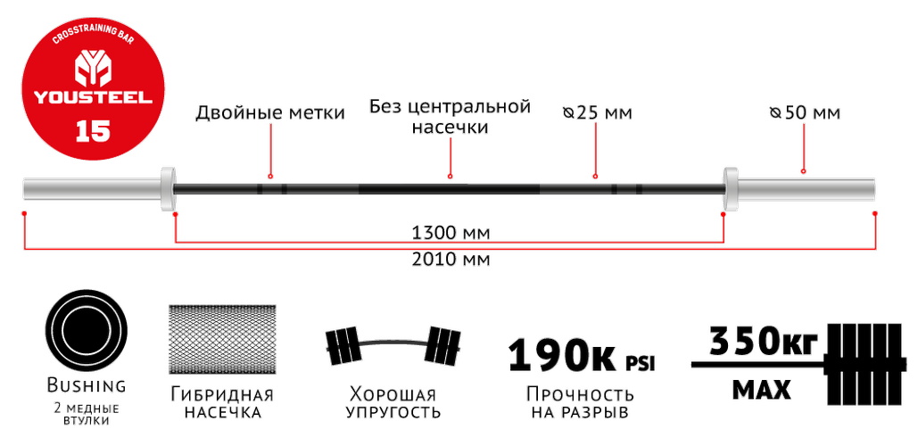 Гриф для штанги L2010мм, D50мм YouSteel Training Bar XF-15, 15кг красный + хром 1029_500